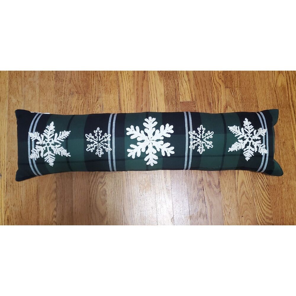 Green Plaid Snowflake Lumbar Pillow Holiday Winter Decor 35 x 7
